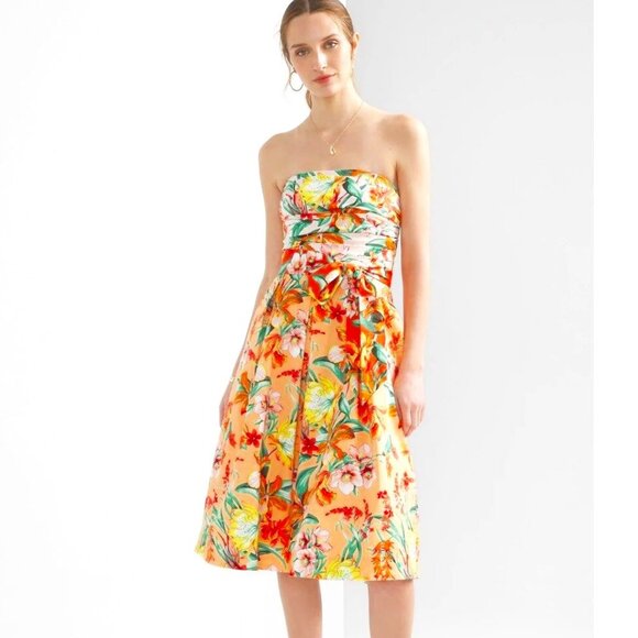 WHITE HOUSE BLACK MARKET Tropical Bustier Strapless Dress Orange Yellow Flowy 10 - Picture 1 of 8